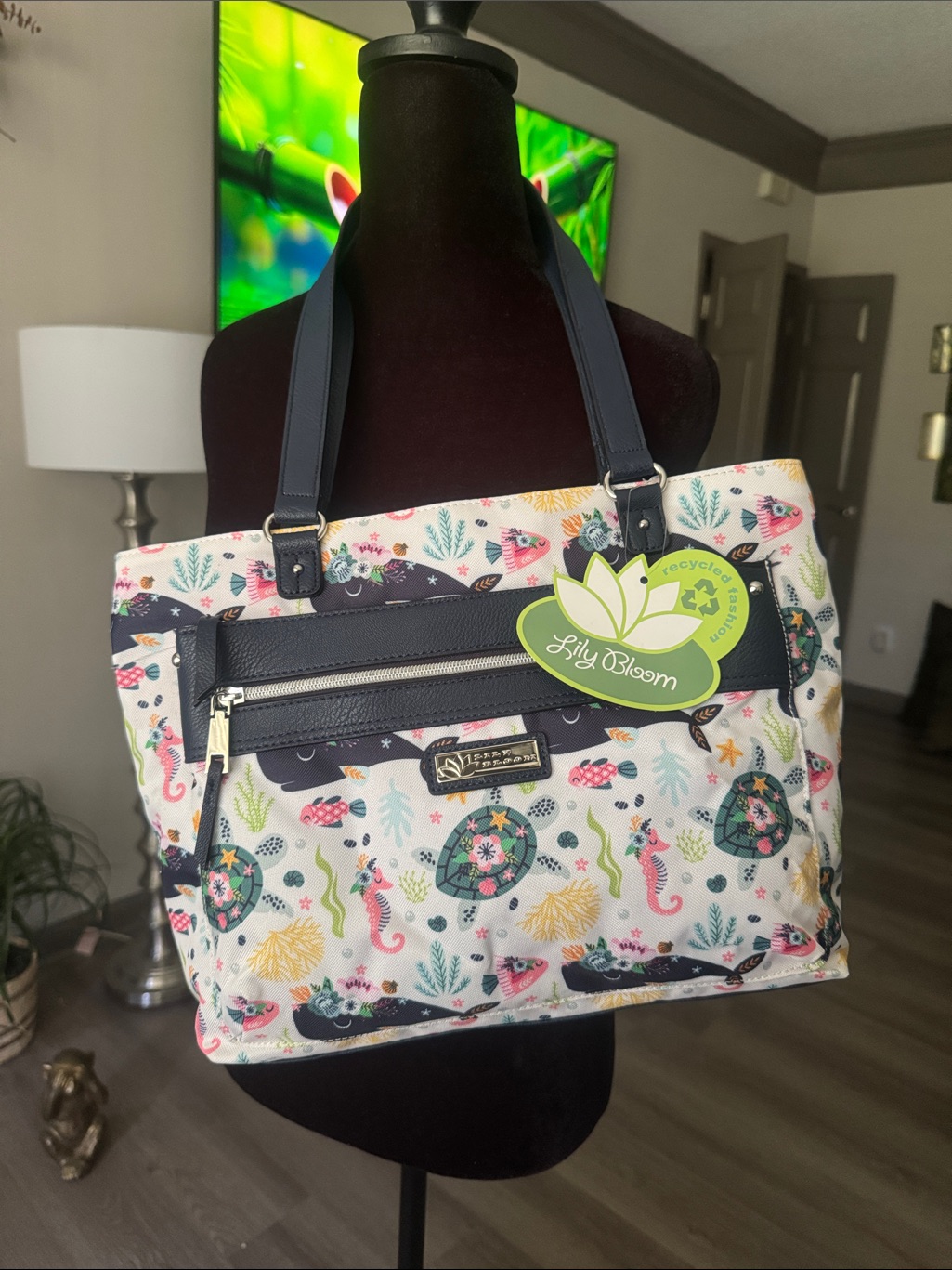 Lily Bloom Ocean-Turtles-Whales-Sea Dakota Tote Navy Blue Recycled Fashion Nwt